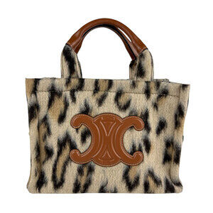 Celine Cabas Thais Leopard Shoulder Bag Textile Leather Beige Tan Black Brown